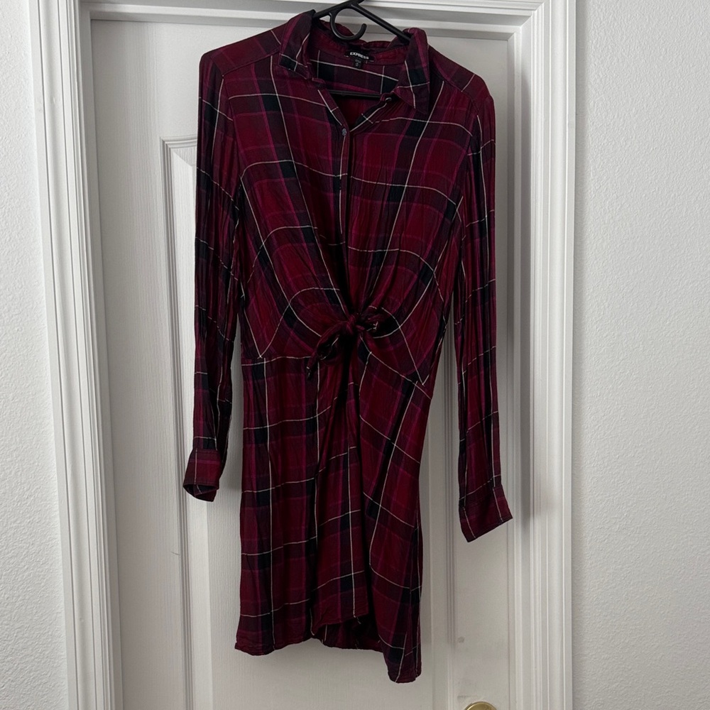 Express Maroon Plaid Long Sleeve Dress